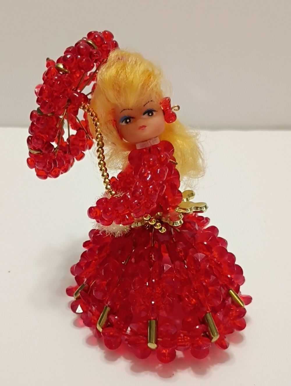 Vintage Safety Pin Art Doll Red Beaded Doll Handmade